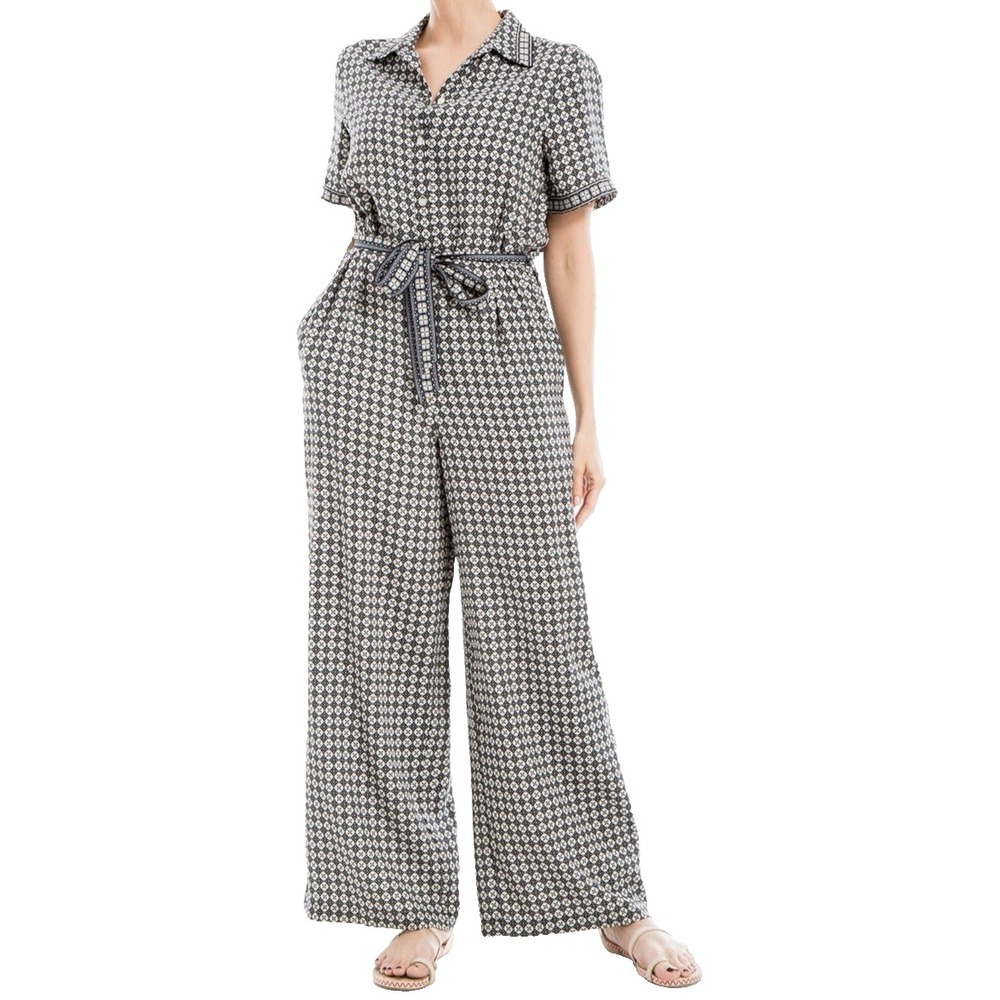 Max Studio Button Top Collar Jumpsuit Black Daisy Wide Leg Tie Womens XL Boho